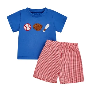 Infant Boy Baseball Embroidered T-shirt and Plaid Shorts Set