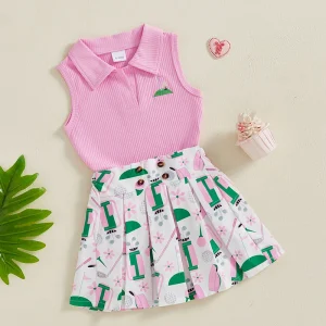 Girls 2-Piece Set with Ruffle Sleeve Tank Top and Floral Print Pleated Skirt