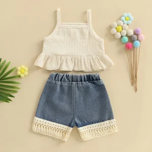 Girls Floral Tank Top and Fringed Denim Shorts Set